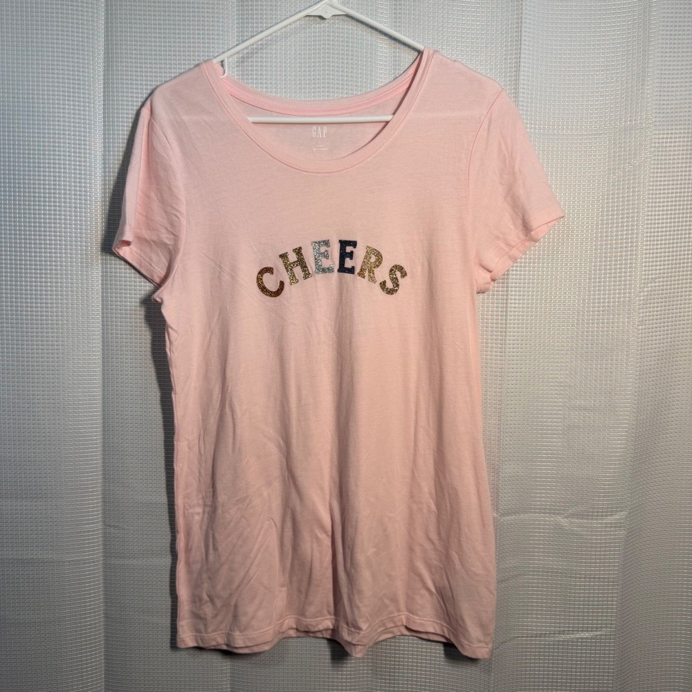 Gap Cheers Graphic Tee Large Pink Glitter Favorite Short Sleeve T-Shirt